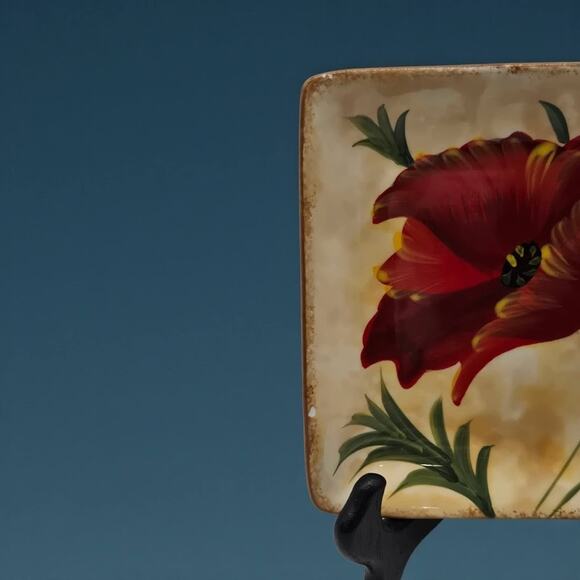 Pier 1 Imports Set/4 Poppies Hand-Painted Earthenware 6" Square Appetizer Plates - Picture 7 of 16